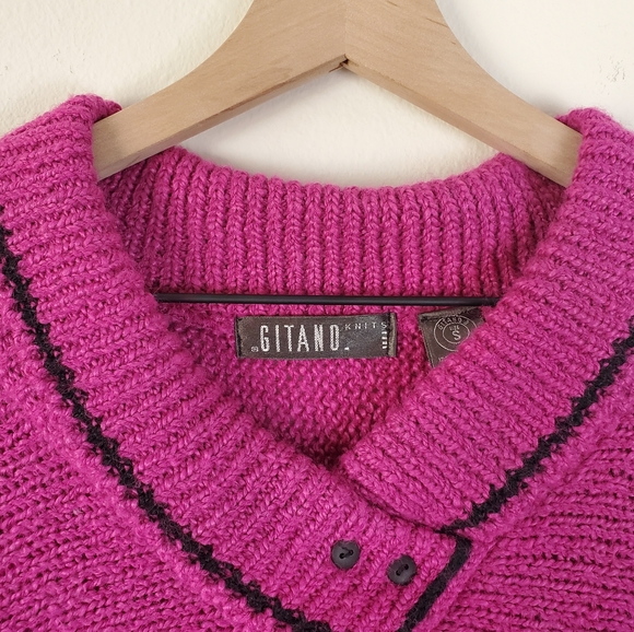 Gitano Womens Vintage Magenta Collared Knit Sweater 3/4 Sleeve V-neck Shawl SzS - Picture 3 of 13